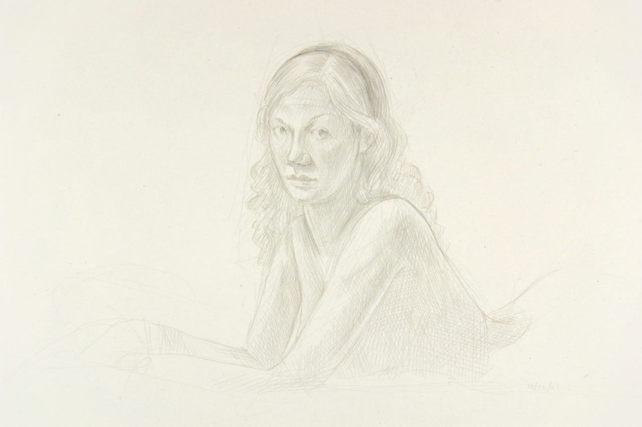 Julia Propped, 2007, silverpoint on clay-coated paper, 12 x 15 inches