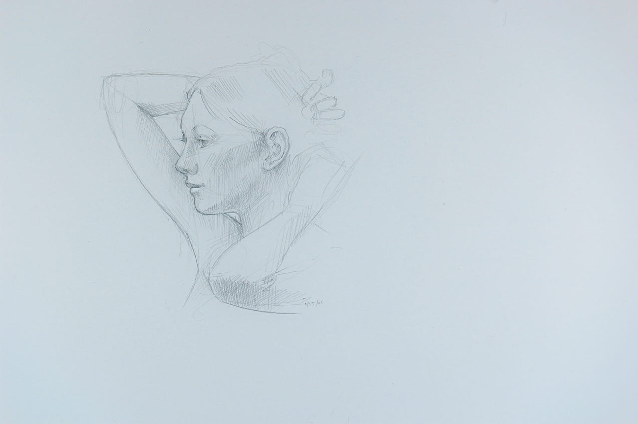 Julia Putting Up Her Hair, 2008, silverpoint on prepared paper, 12 x 15 inches