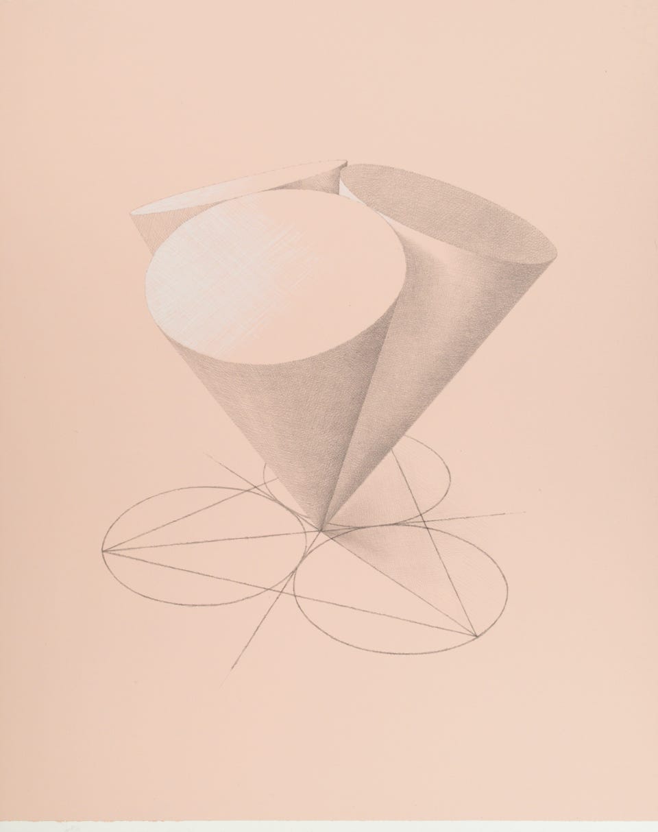 Invention No. 28, 2022, silverpoint and palladiumpoint with white gouache on prepared paper, 15  x 11 inches. Private collection