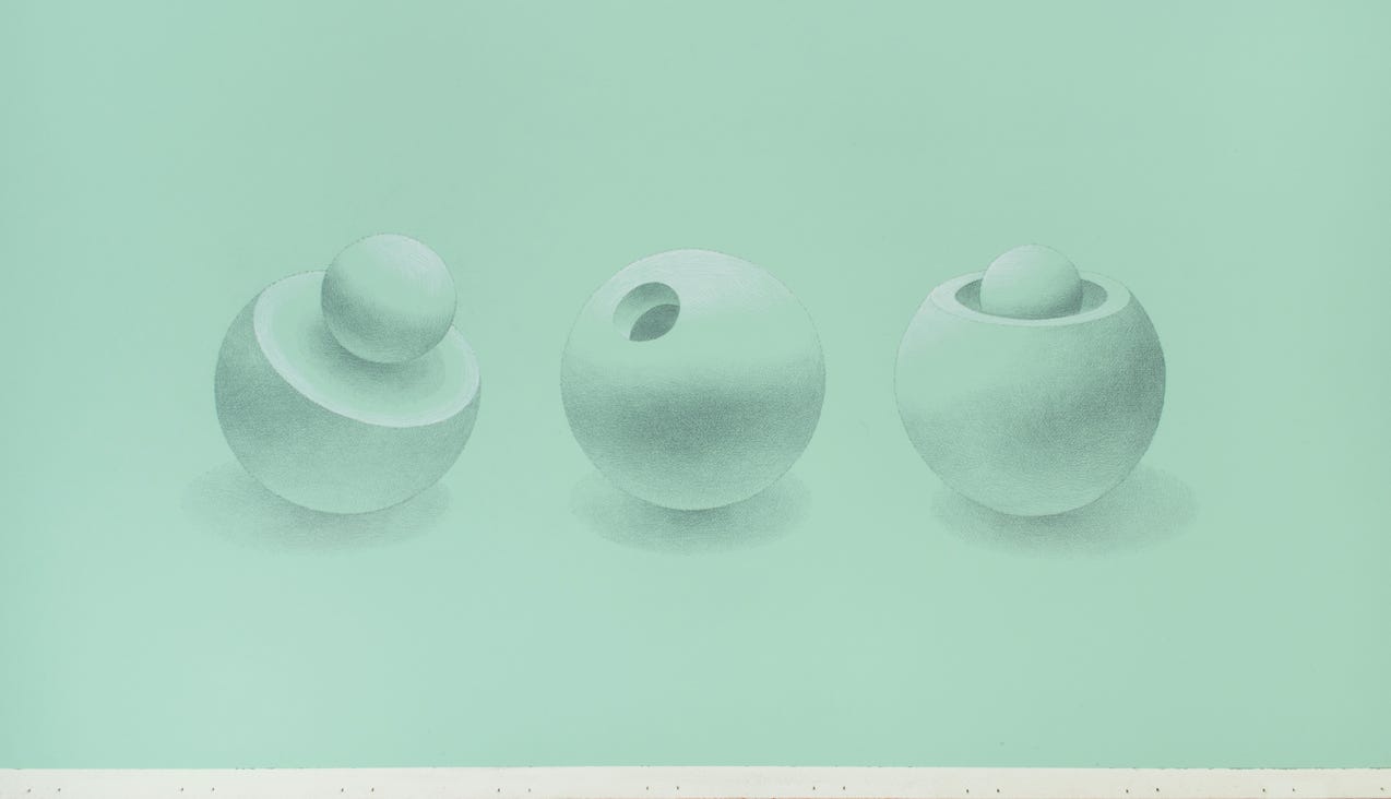 Three-Body Problem, 2025, silverpoint and white gouache on prepared paper, 11 1/4⁃x⁃19⁃3/4⁃inches